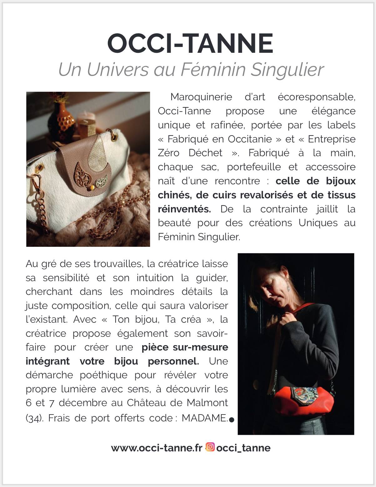 Article de presse Madame Figaro présentant l’univers d’Occi-Tanne