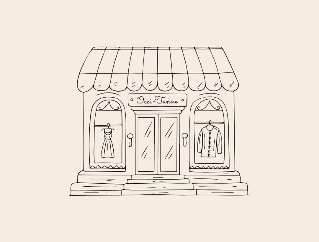 Illustration d'une boutique en façade, symbolisant l'artisanat et l'engagement pour le surcyclage de la marque Occi-Tanne. Une image qui reflète l'authenticité et le savoir-faire de créations uniques, singulière et féminines.