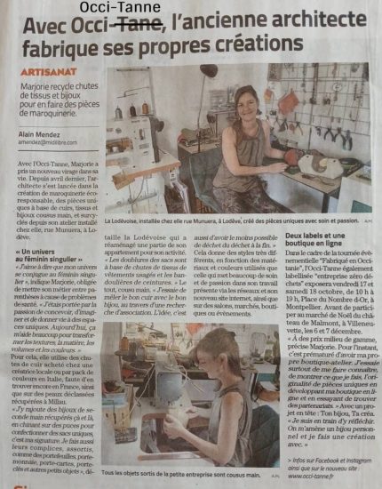 Photo de l'article du Midi Libre concernant la créatrice de maroquinerie écoresponsable Occi-Tanne.